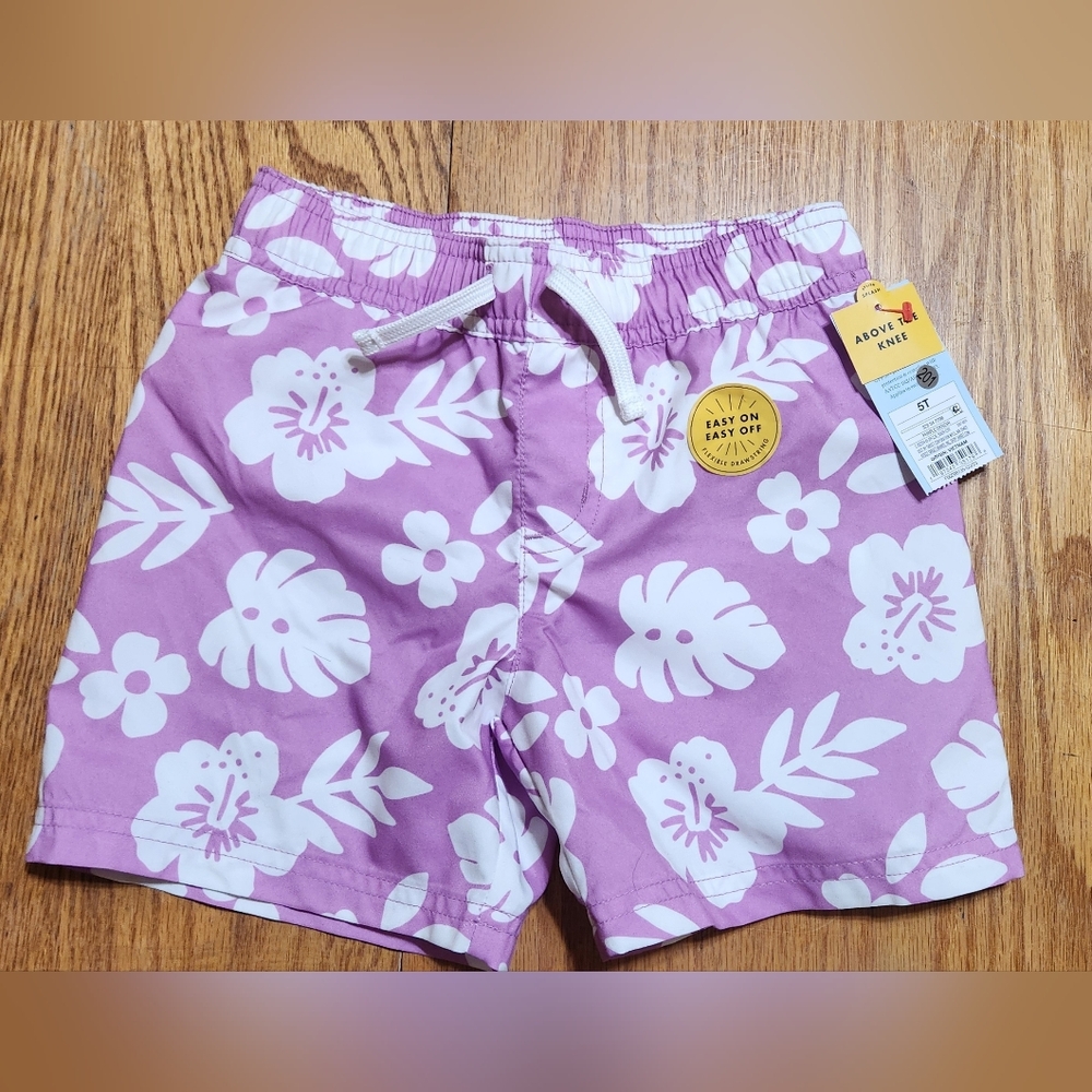 Cat & Jack Boy's Purple and White Floral Swim Shorts
